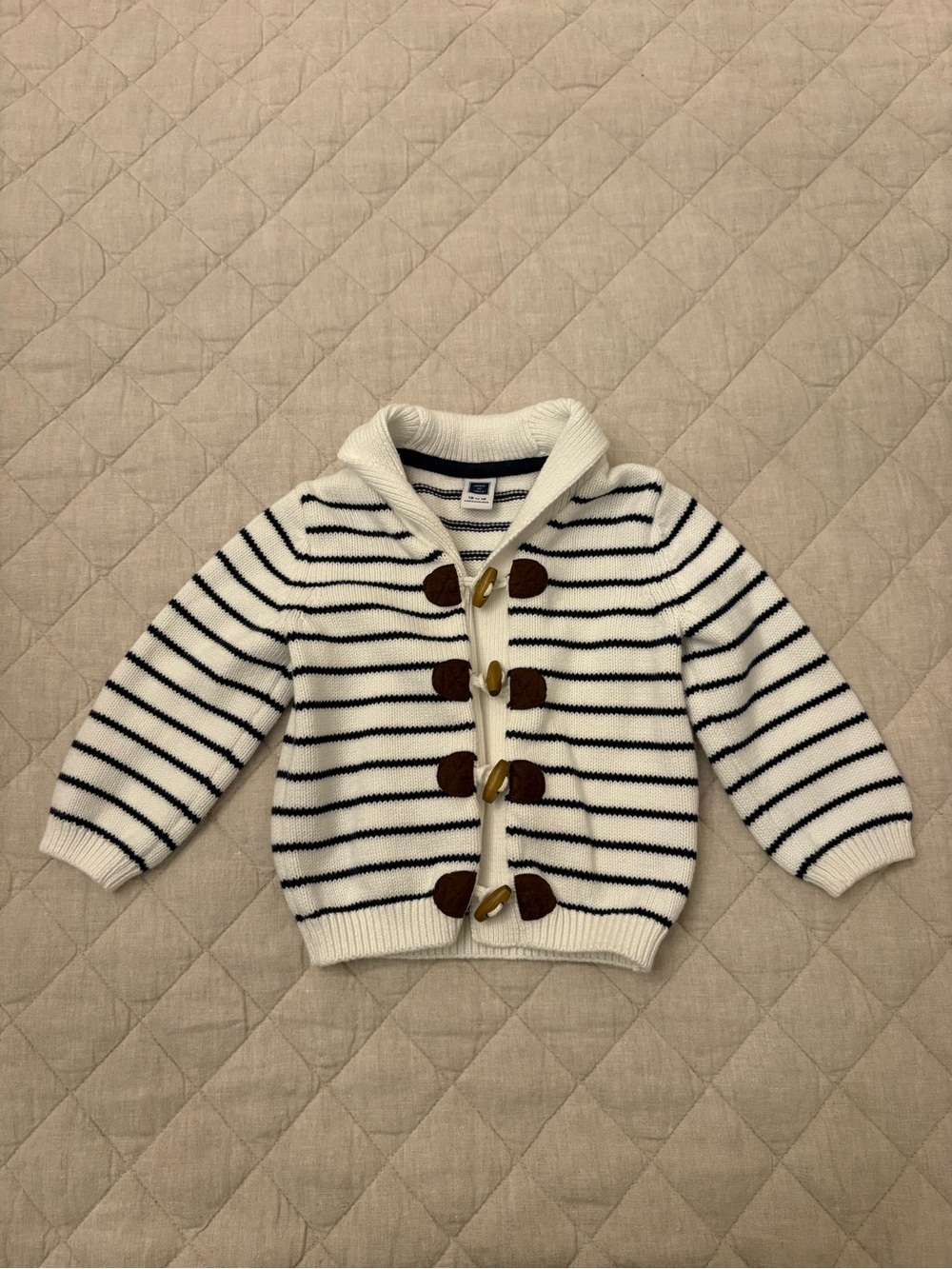Janie and Jack Cream & Navy Shawl Collar Toggle Cardigan
